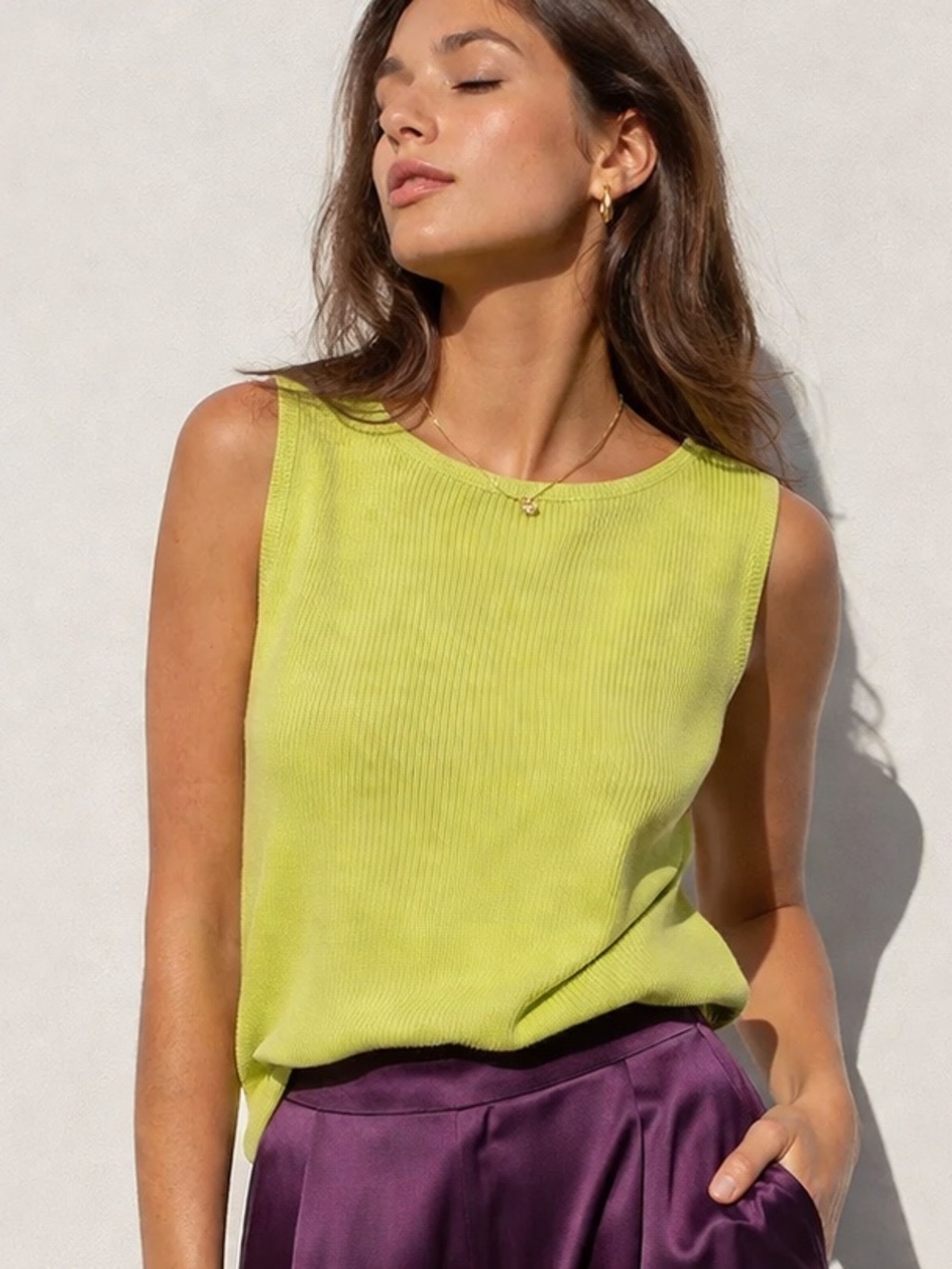 Ellen Tracy cashmere wool Blend Lime Green Sleeveless Ribbed Knit Top